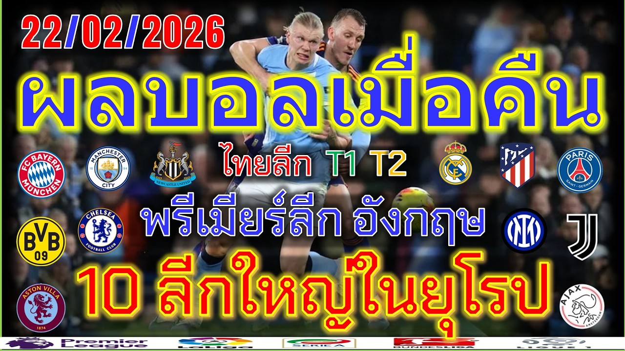 ผลบอลเมื่อคืน/พรีเมียร์ลีก/ลาลีกา/เซเรียอา/บุนเดสลีกา/ลีกเอิง/แชมเปี้ยนชิพ/ไทยลีก/22/2/2026