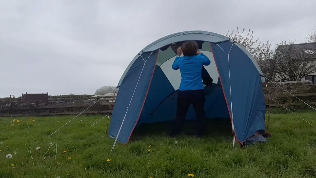 Quechua Arpenaz 4.1 set up all by myself. a bit wonky. set up by single women! at least I did fall!