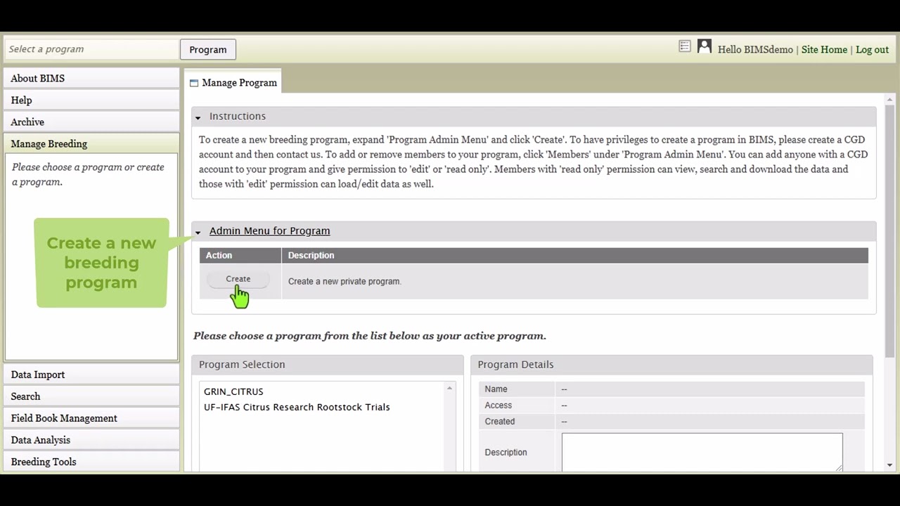 How to create a breeding program in BIMS
