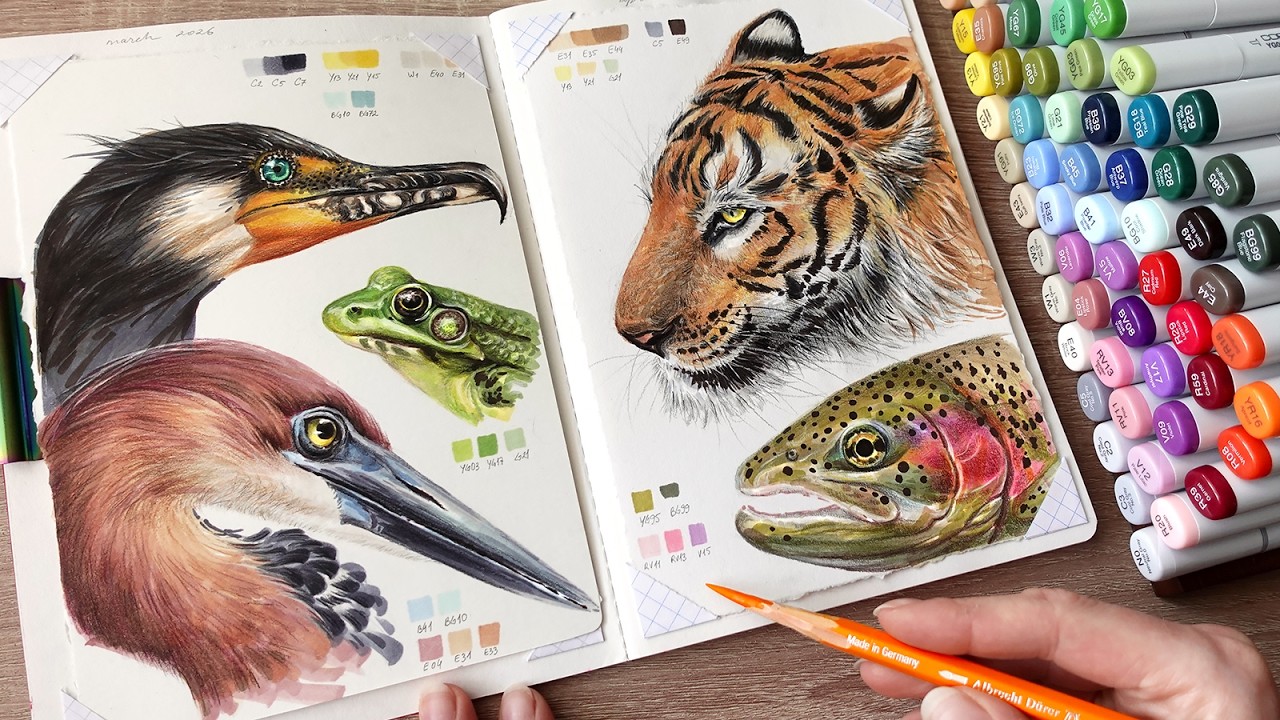 Drawing animals with Copic Markers! 🐸 + colored pencils