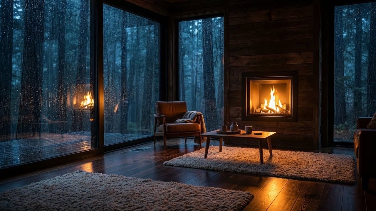 Feel Rested! Heavy Rain Sounds, Modern Cabin with Fireplace, Deep Sleep for Inner Healing ⛈️🛋️