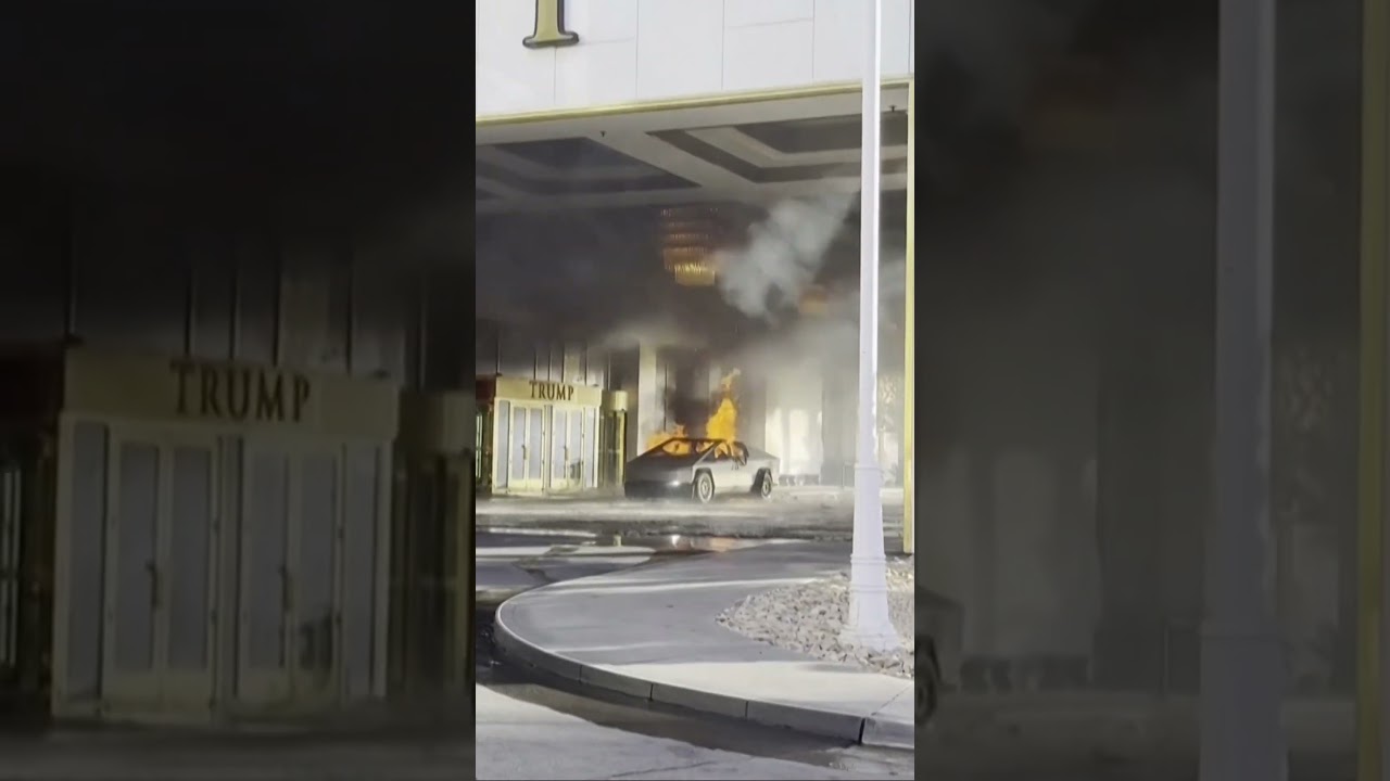 Different angle showing Tesla Cybertruck on fire outside Trump hotel