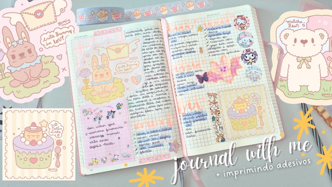 JOURNAL WITH ME: imprimindo adesivos + página semanal fofa no bullet journal ✨