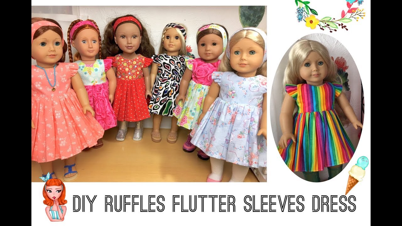 How To Sew Ruffle flutter sleeve dress for 18”  and 14” dolls Free patterns | HappyBankyCraftymom