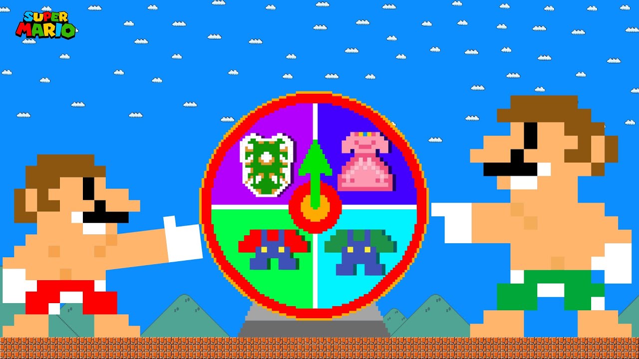 Mario and other game characters choose outfits in Super Mario Bros
