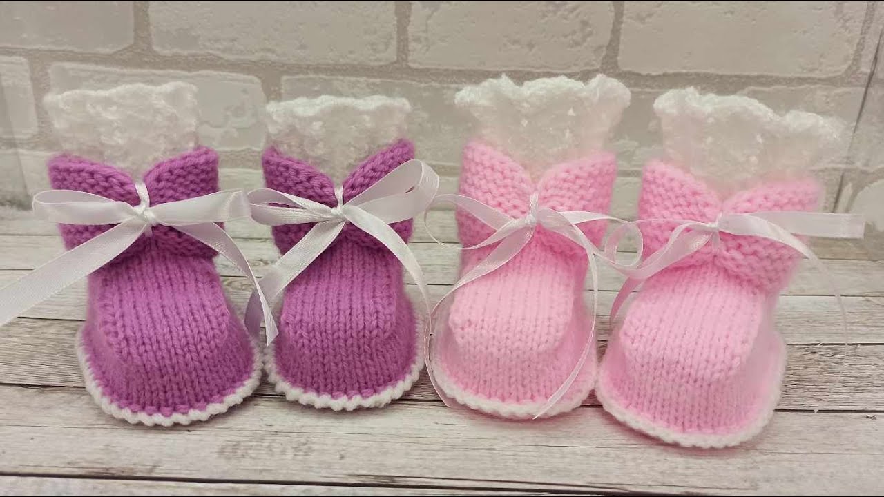 Нарядные пинетки на девочку вязаные спицами/booties knitting/Stiefeletten stricken