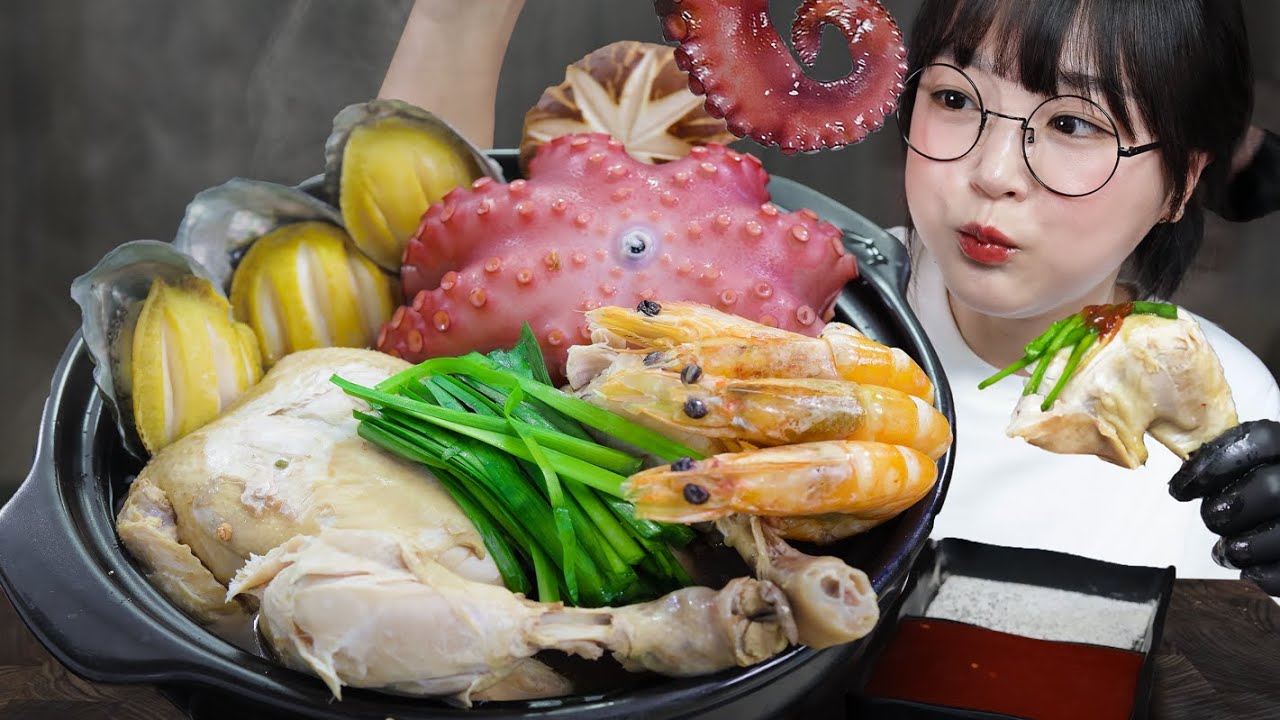 Куриный суп с морепродуктами🍗🐙Mukbang ASMR