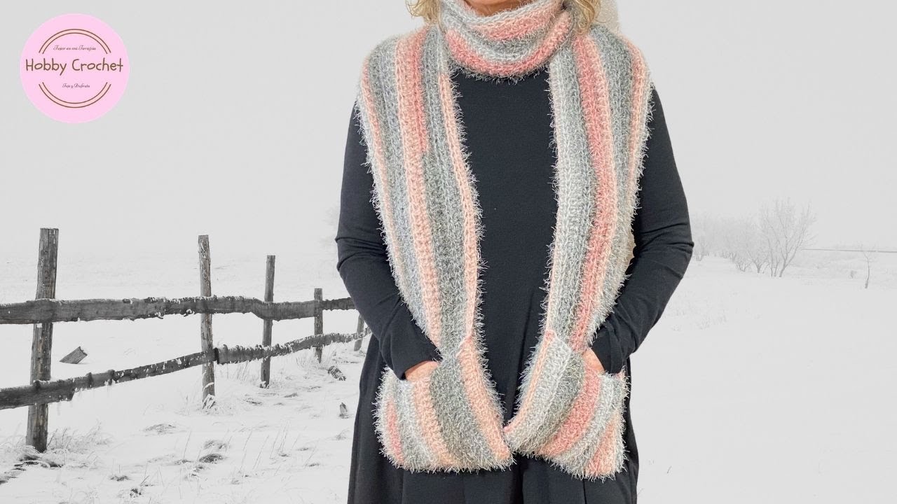 Bufanda con bolsillos a crochet paso a paso (Version  Diestra)
