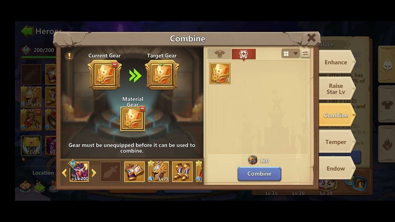 Castle Clash Working on Gear - Combining, Upgrading, Rolling - Part 1