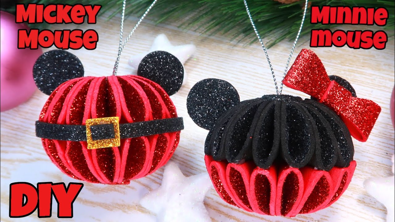 DIY Mickey and Minnie Mouse Christmas ornaments tutorial, glitter foam sheet crafts, christmas decor