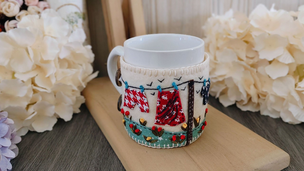 Embroidered Mug Cozy Idea  - Fabric Scrap Embroidery Mug Cover - DIY Mug Cover - Gift Idea
