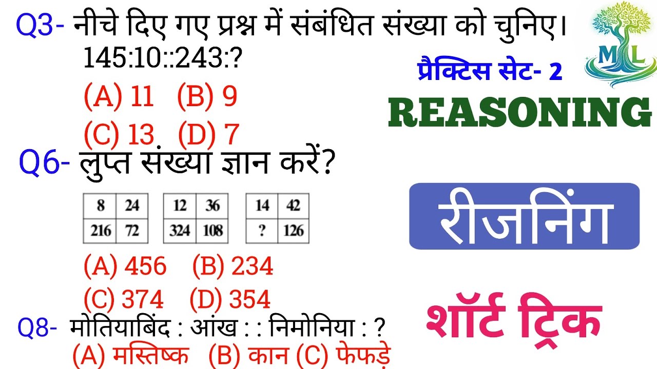 रीजनिंग प्रैक्टिस Set 2 | शार्ट ट्रिक | SSC CGL CHSL CPO GD | RRB NTPC GROUP D | DRDO BSSC BANKING