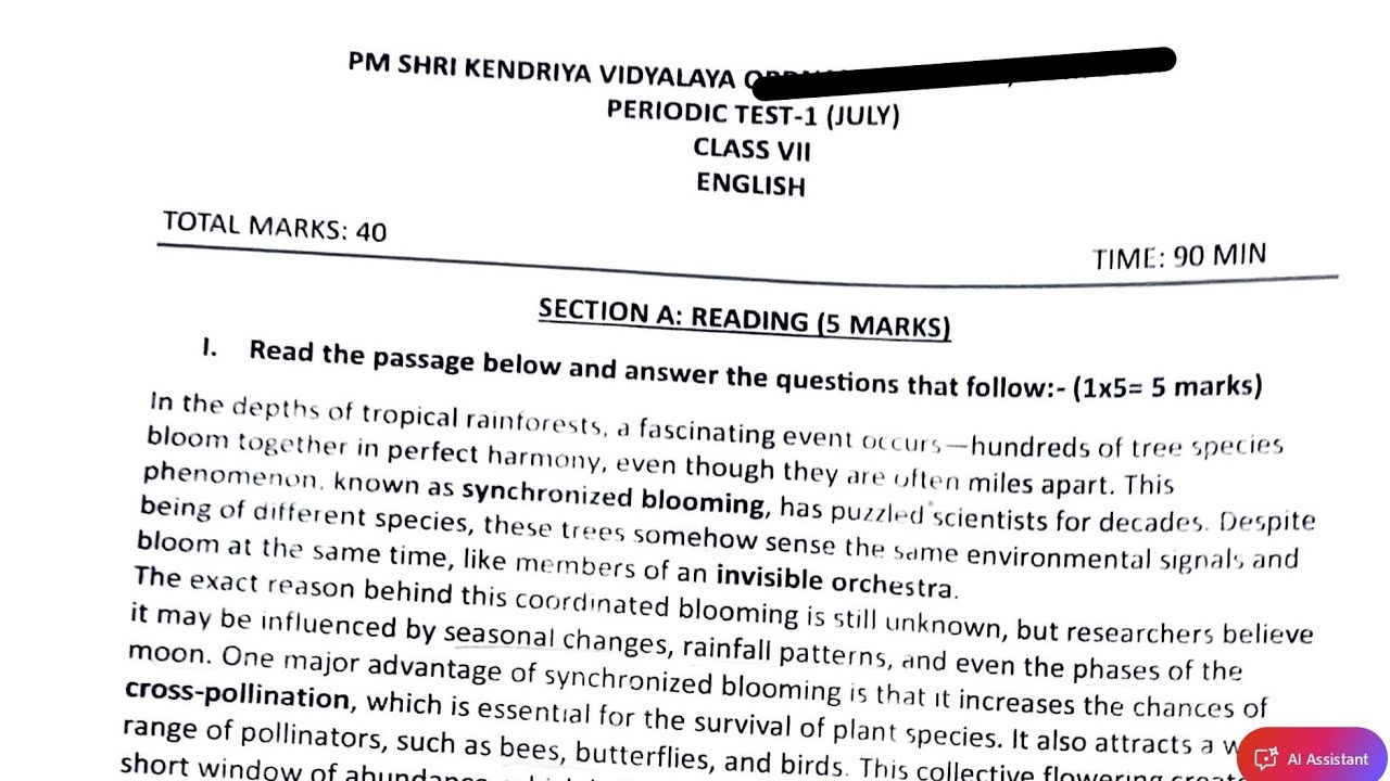 Class-7 English (3) / Periodic Test-1 PT-1 Paper PM SHRI KENDRIYA VIDYALAYA Question Paper 2026-27