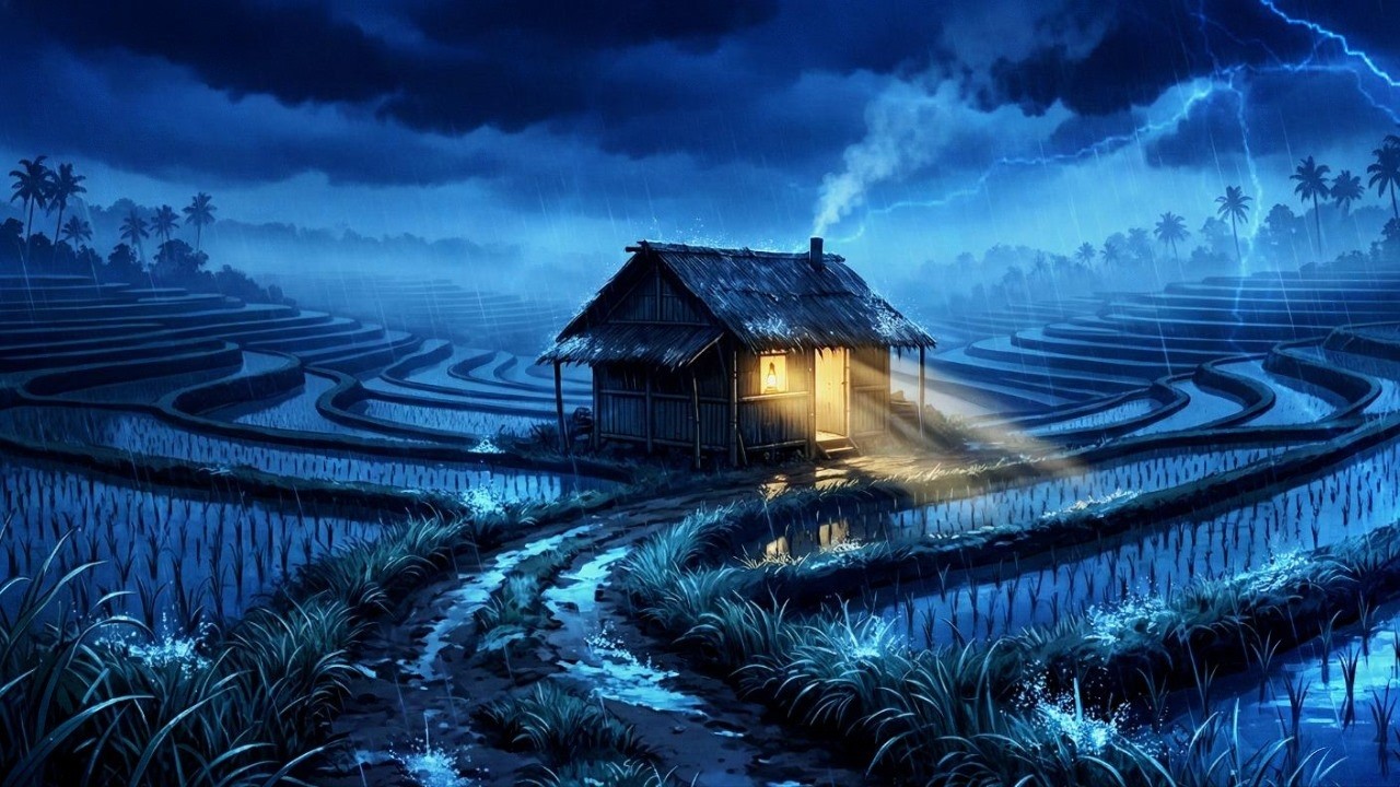 Overcome Stress to Sleep Instantly with Heavy Rain & Paramount Thunder Sounds on a Paddy Terrace Hut