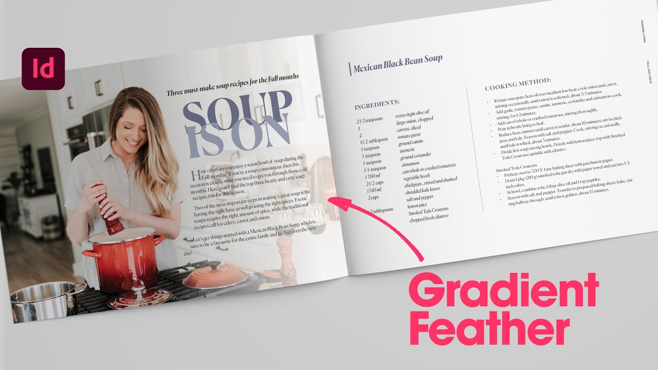 Learn how to apply a gradient feather, select subject text wrap in Adobe InDesign