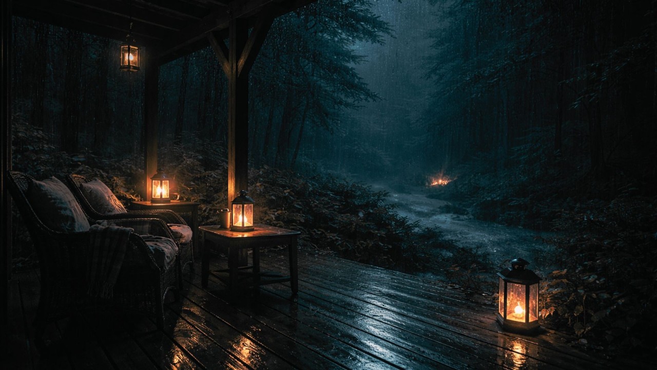 Cozy Rain on Forest Porch 🌧️ Fireplace Ambience for Relaxing, Studying & Sleep