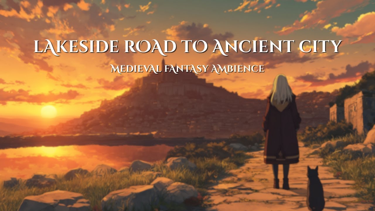 Medieval Fantasy Ambience | Calm Sunset Lakeside Road to the Ancient Hill City • Relax & Study