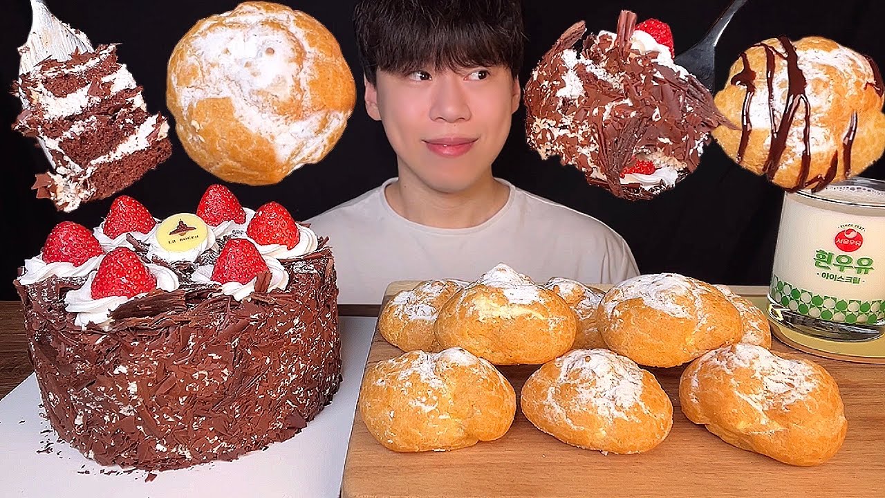 SUB) Корейский десерт, шоколадный торт и профитроли (слоеный крем) мукбанг асмр