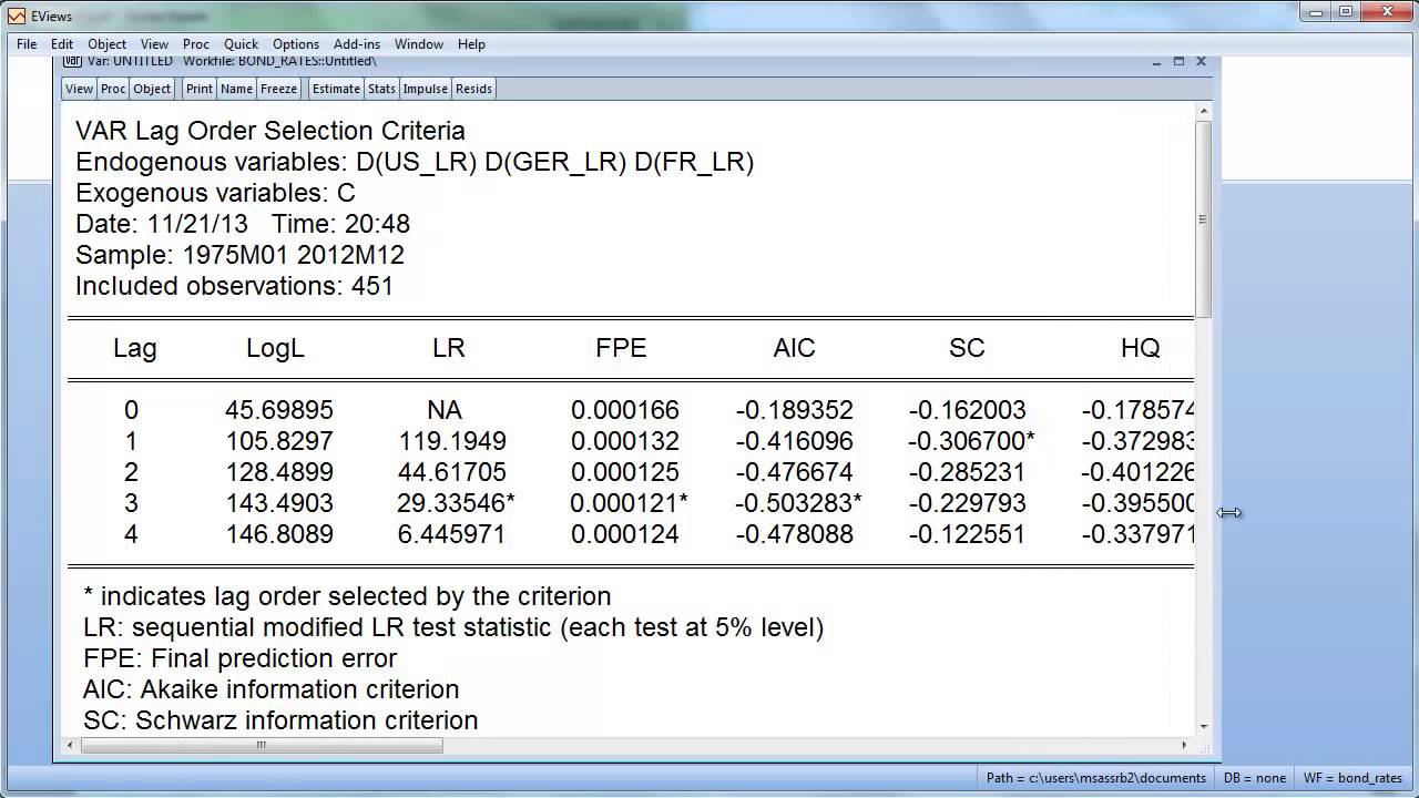 Estimating a VAR(p) in EVIEWS
