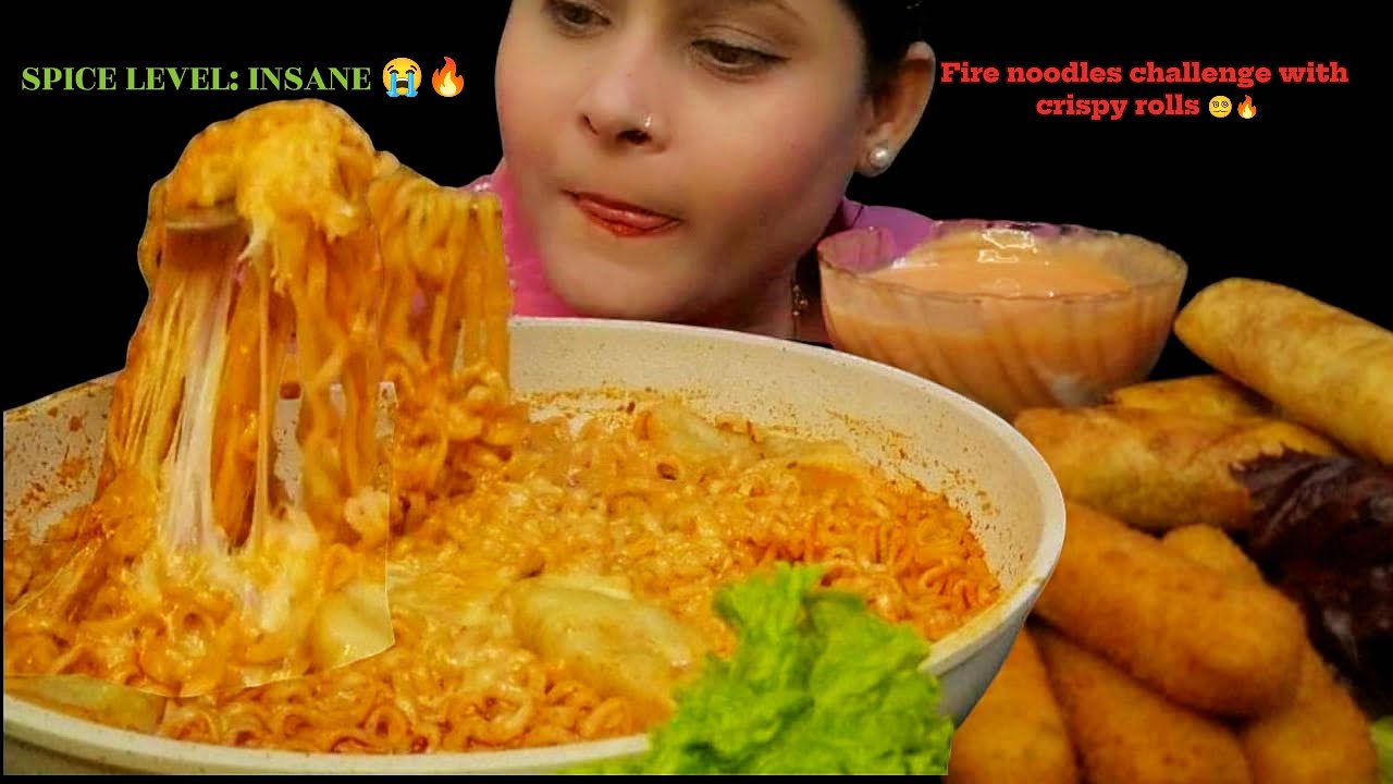 Almost Cried Eating This 😭🔥 SPICY Korean Fire Noodles + Crispy Veg Rolls | ASMR MUKBANG