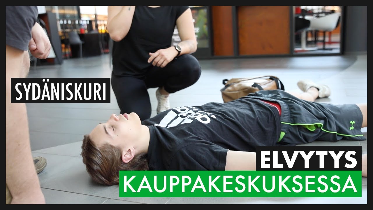 ENSIAPU | Elvytys kauppakeskuksessa sydäniskurin kanssa (Hätäpuhelu, paineluelvytys & defib)