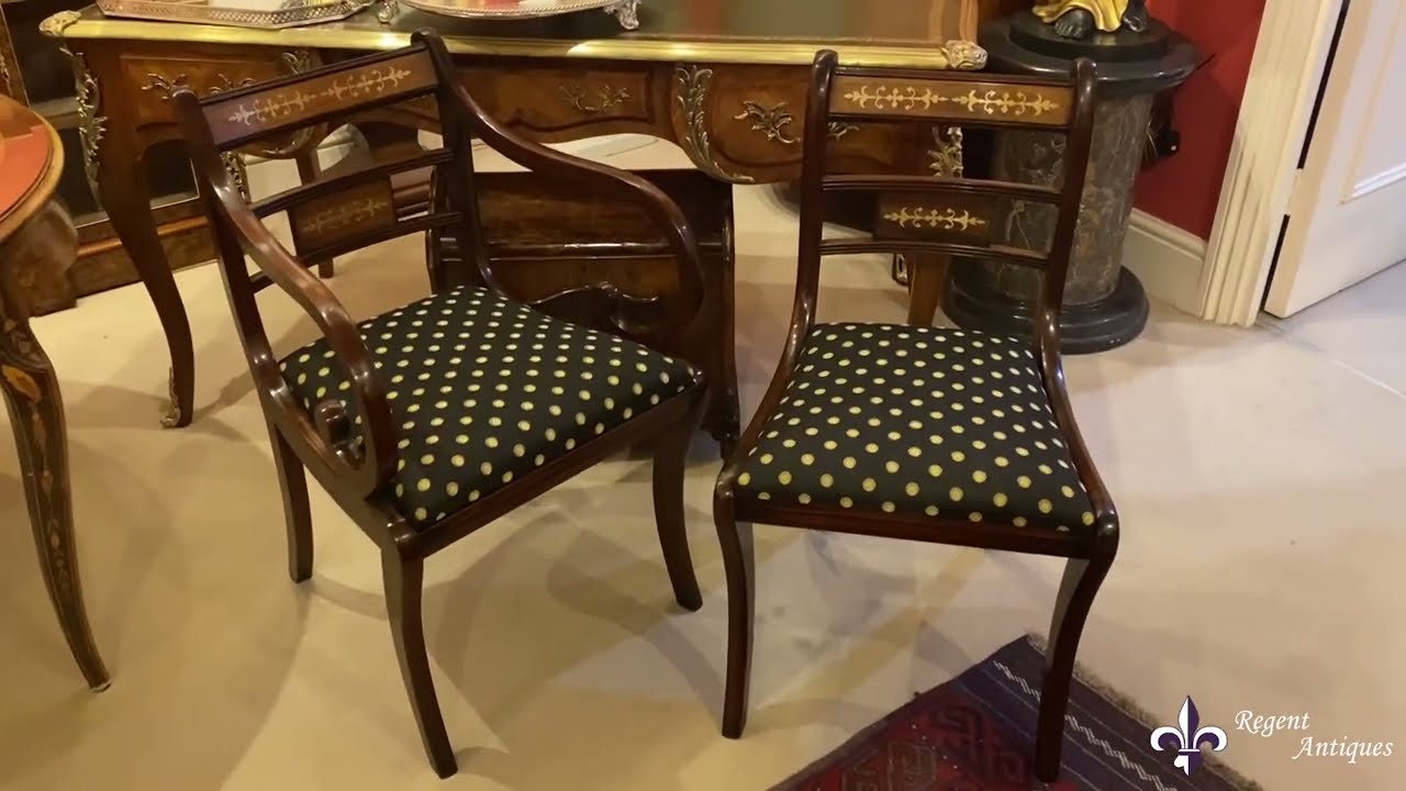 Vintage Set 10 Regency Revival Brass Bar Back Dining Chairs