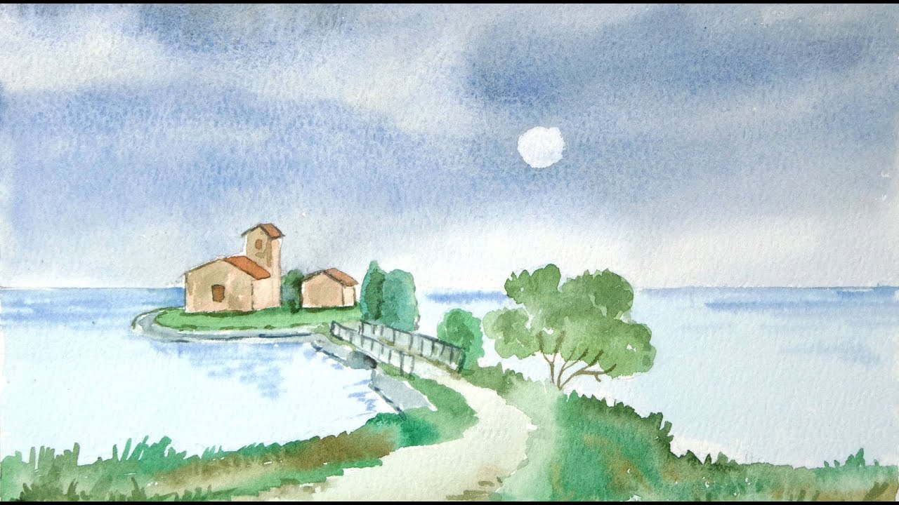 Trucco del pennarello e del fazzoletto per dipingere un paesaggio ad acquerello