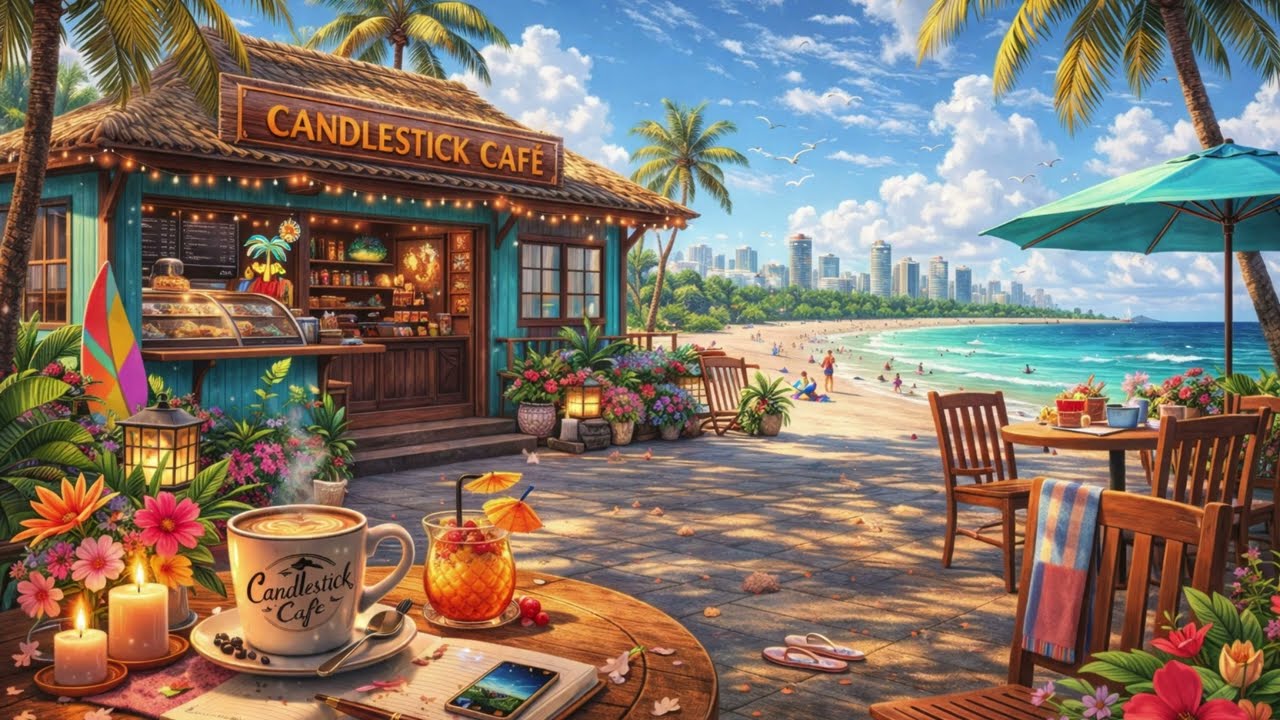 Beachfront Candlestick Café 🌴☕ | Tropical Coffee Shop Ambience for Relaxing, Studying, & Focus
