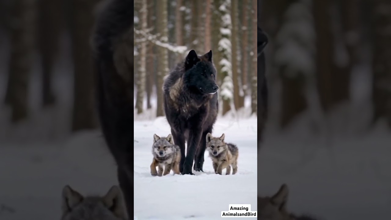 Adorable Snow Black Wolf Leads Two Playful Cubs on a Winter Walk | Rare Wolf Family Moment