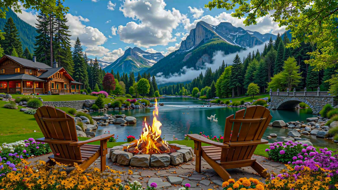 Soft Piano Spring Music with Campfire 🔥🌸 Birdsong with Lakeside Cabin Ambience