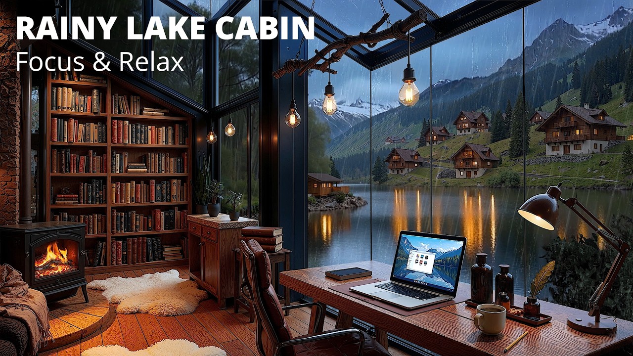 Cozy Lake Rain Study Room 🌧️ Fireplace & Thunder for Focus & Relaxation