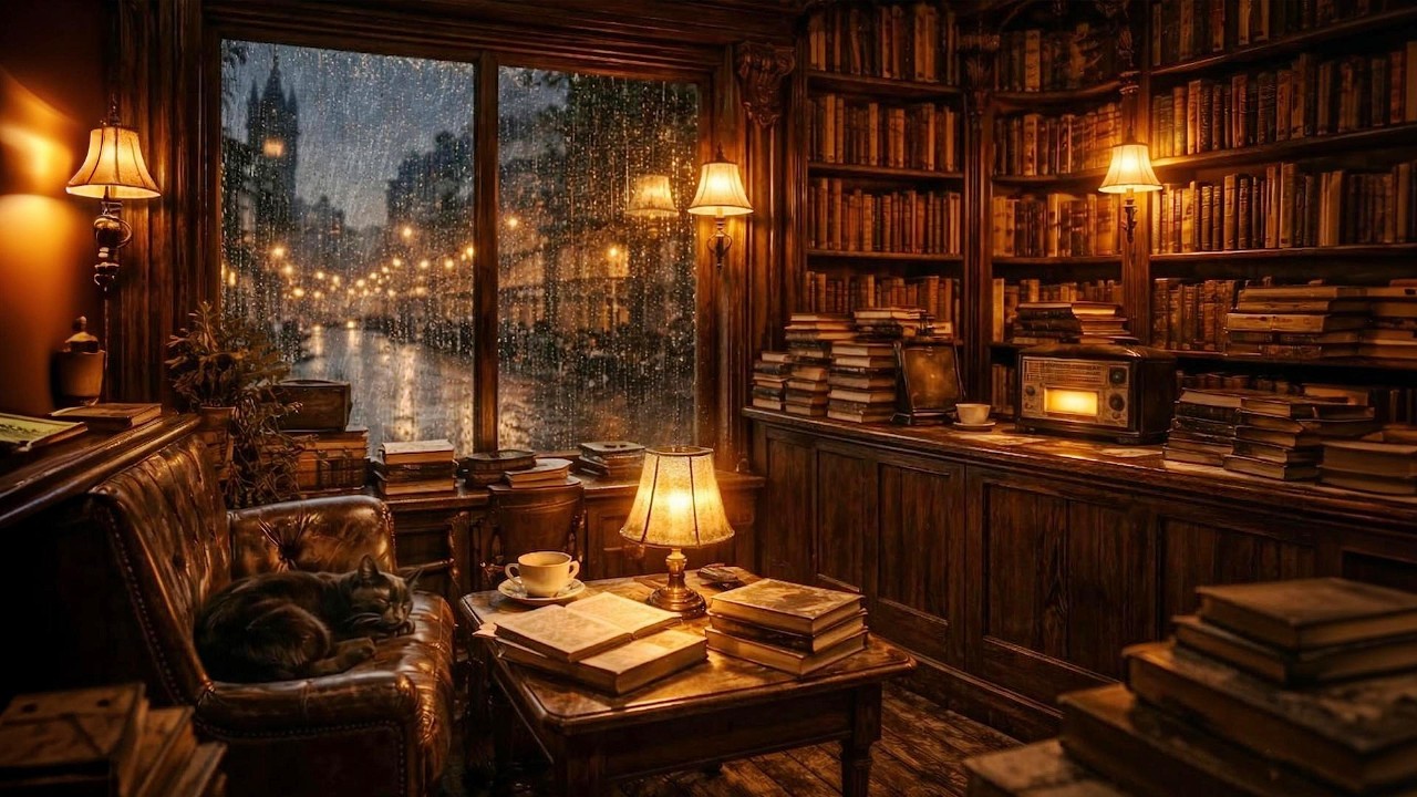 1940s London Bookshop on a Stormy Night | Soft Jazz & Cozy Reading Ambience