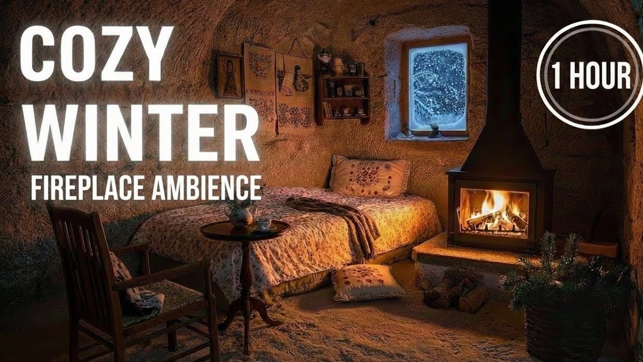 Cozy Stone Cabin in a Snowstorm | Crackling Fireplace & Winter Ambience (No Music)