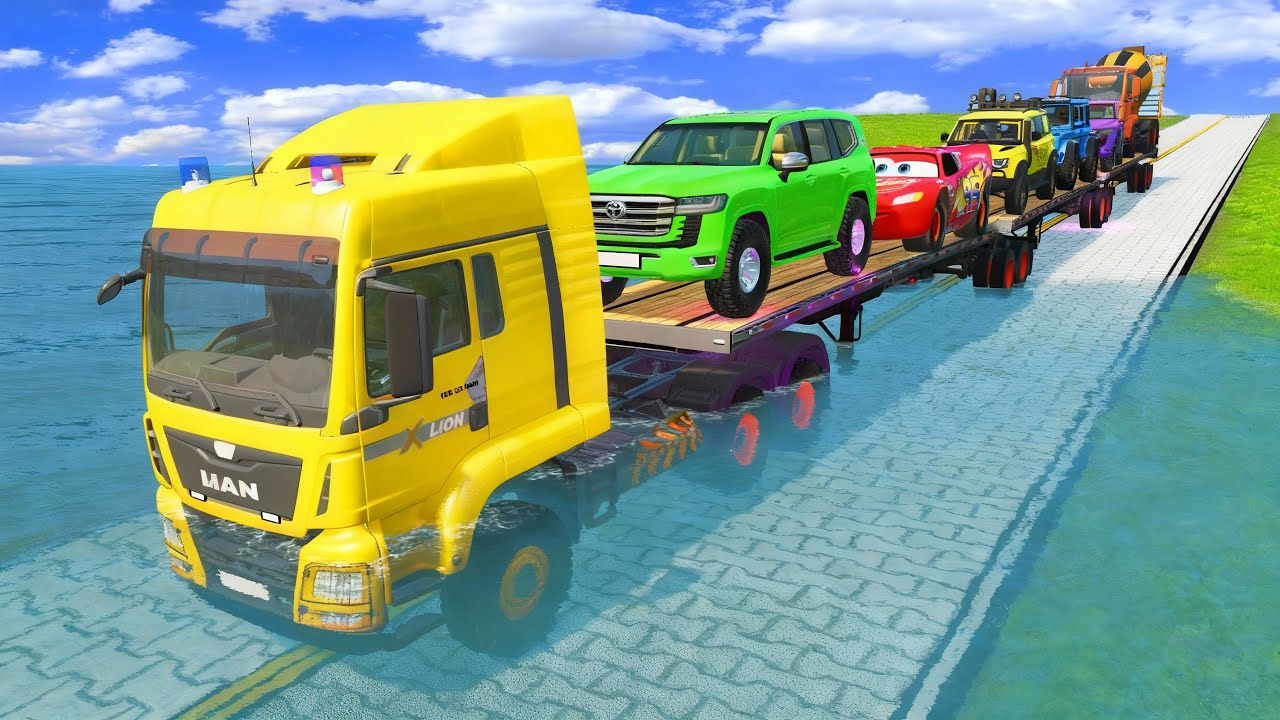 Flatbed Truck Carrying McQueen – Pothole Disaster #082  BeamNG Drive