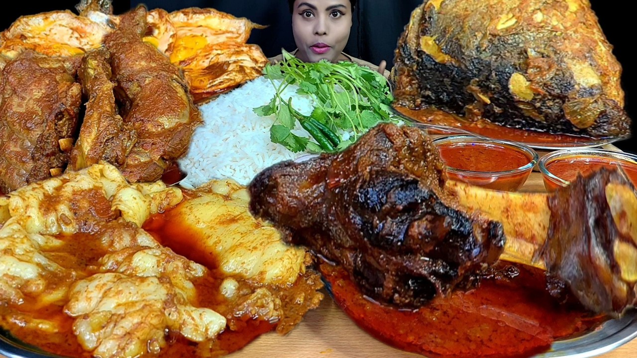 Eating Show Mutton Fat Curry Rice Eating Video Spicy Mutton Curry Chicken Curry Egg Curry Fish Curry