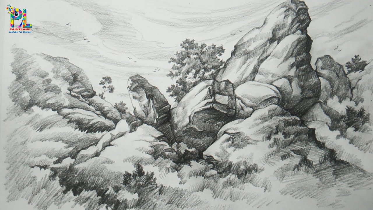 Basic Pencil Shading..Big Rocks In A Landscape With PENCIL | Pencil Drawing  | Step by step