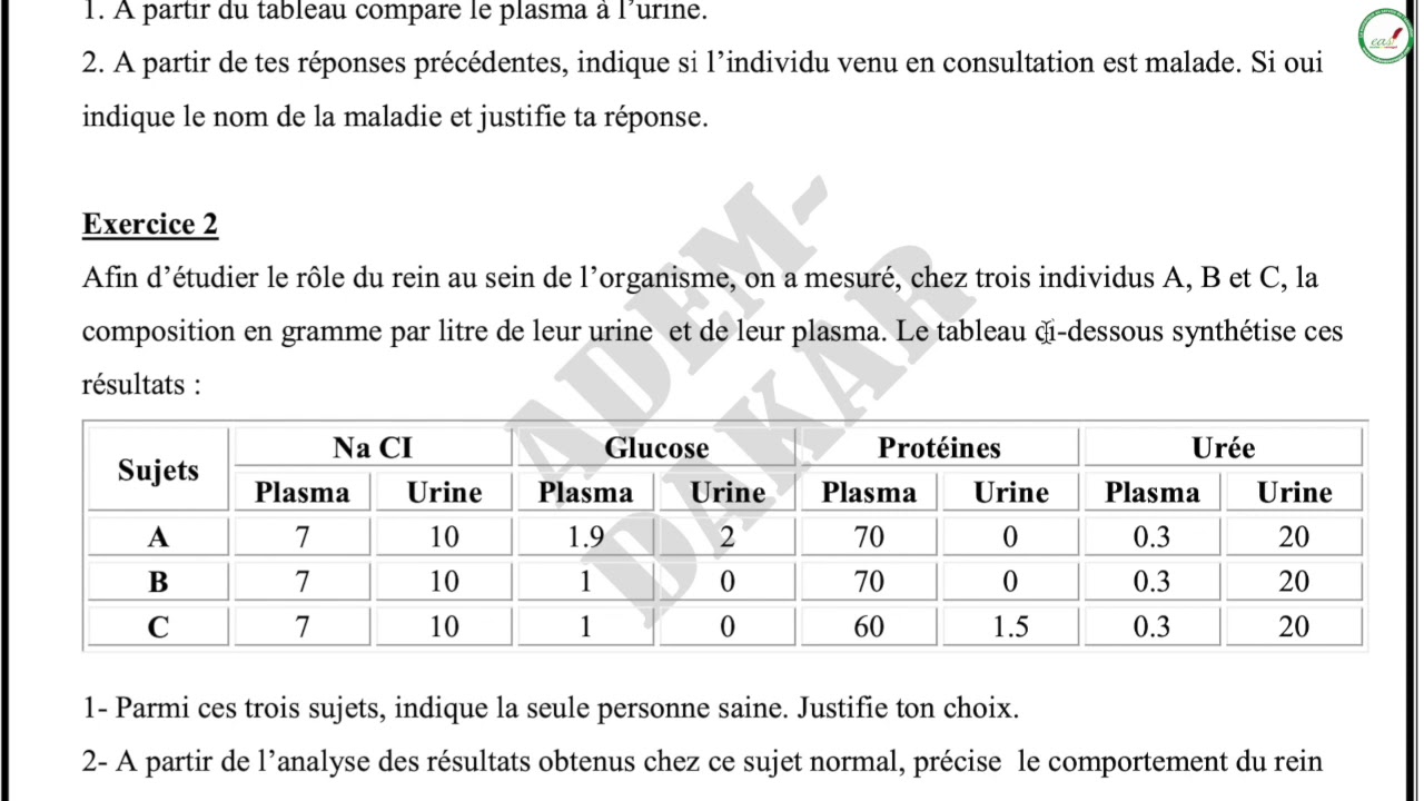 Exercices - Troisième - SVT : Le rôle du rein dans l'excrétion urinaire et la régulation du milieu..