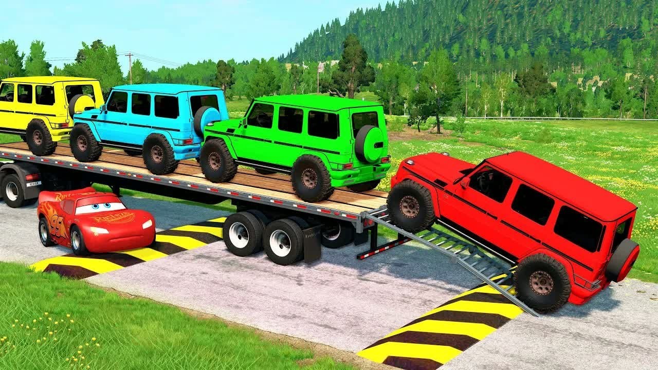 Flatbed Truck McQueen | Transportation with Truck - Pothole vs Car #2 | BeamNG.Drive Gameplay
