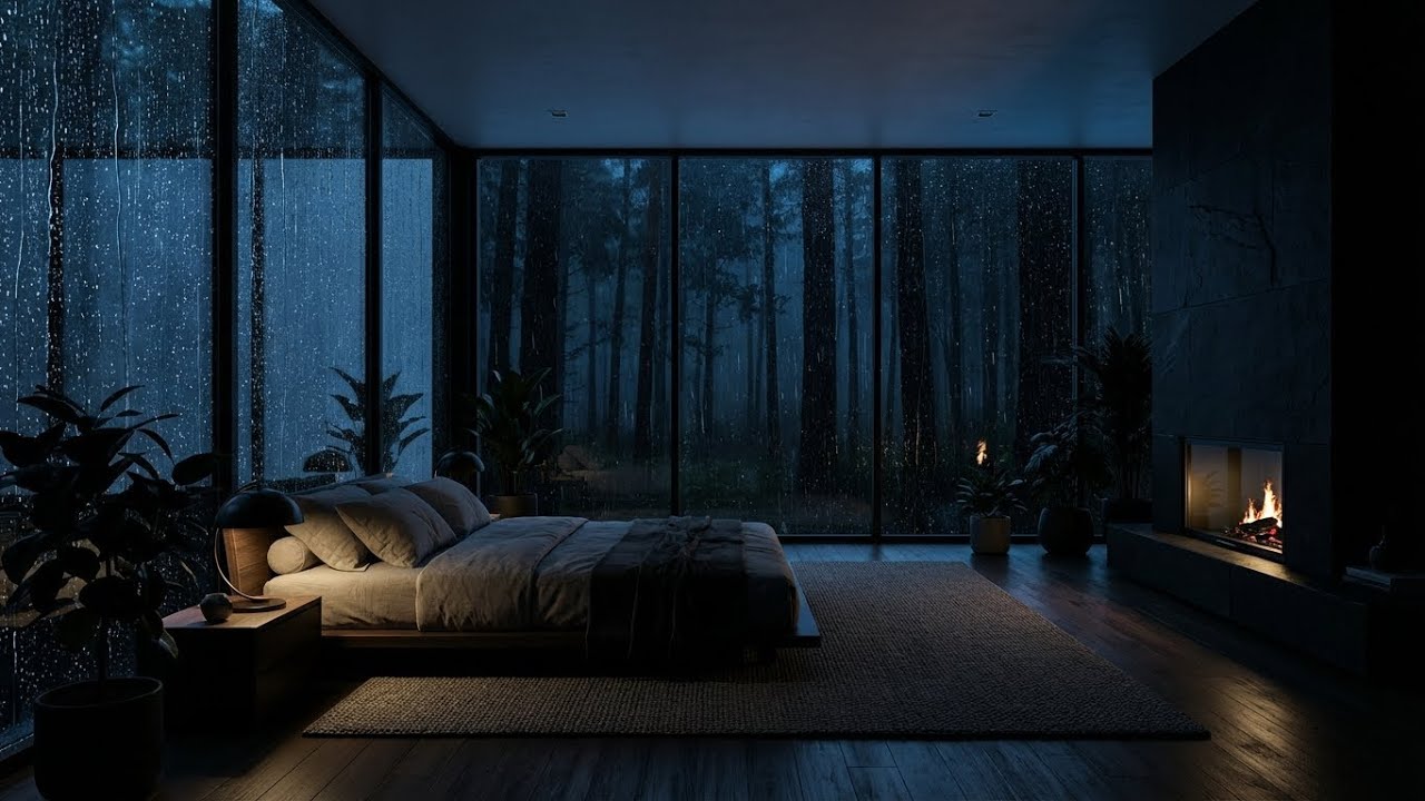[Total Quiet] Heavy Rain Sounds in Dark Minimalist Bedroom with Fireplace for Deep Sleep Now 😴