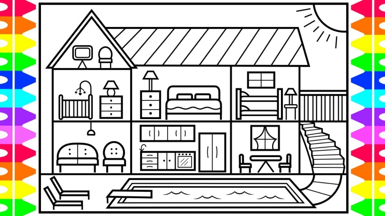 How to Draw a Big House with a Swimming Pool 💙Big House with a Swimming Pool Coloring Page
