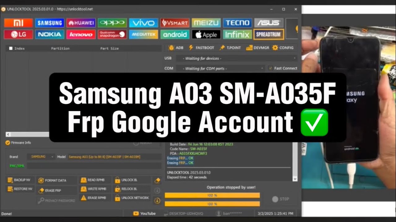 Samsung A03 SM-A035F Frp Google Account bypass with UnlockTool via TP