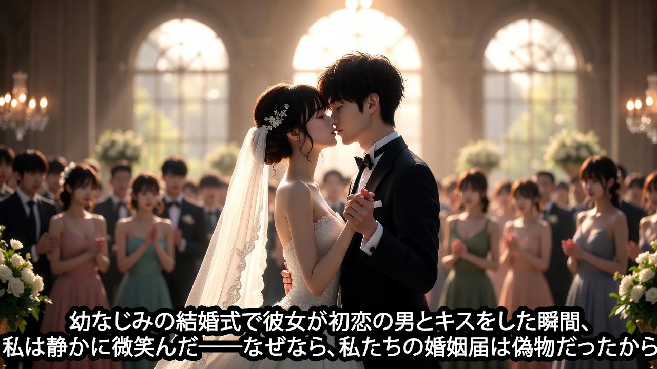 幼なじみの結婚式で彼女が初恋の男とキスをした瞬間、私は静かに微笑んだんだ——なぜなら、私たちの婚姻は偽物だったから
