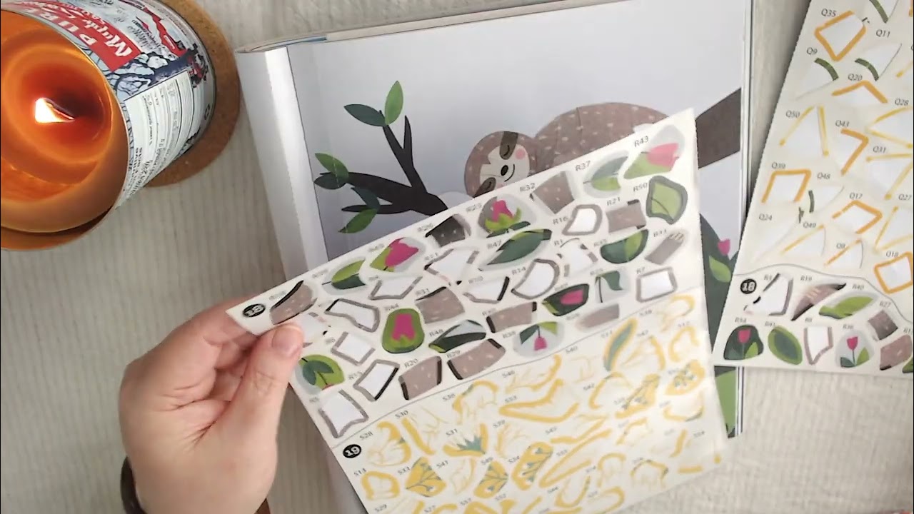 ASMR Sticker by Number Book Relaxing Art Sloth ~crackly candle~ **quiet chatter** ~bracelet sounds~
