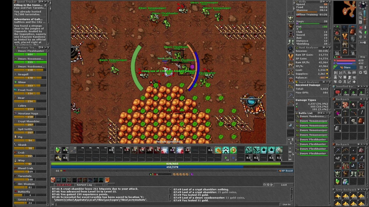 Tibia - Finaliza&ccedil;&atilde;o Bestiary Dworc (Port Hope) - Monk Lv54 - Skills 85/59 - Charm Points 624