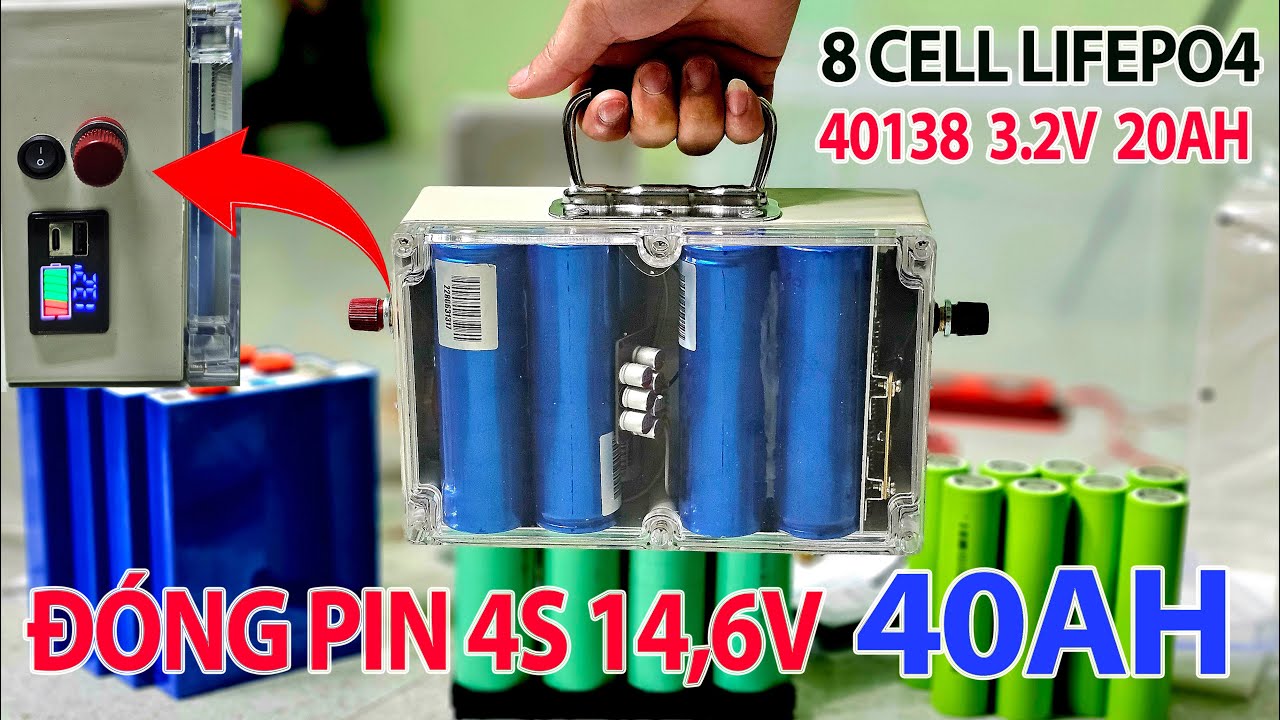 Đ&oacute;ng Pin Lifepo4 12v 40AH với 8 Cell 40138 cho bộ điện mặt trời mini, Test inverter s&oacute;ng sine chuẩn