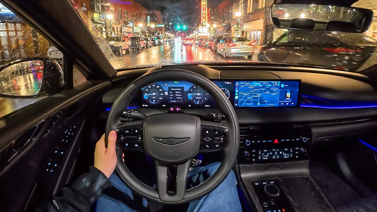 Genesis G80 3.5T 2026 года — седан с двойным турбонаддувом и двигателем V6, поездка в дождливую н...
