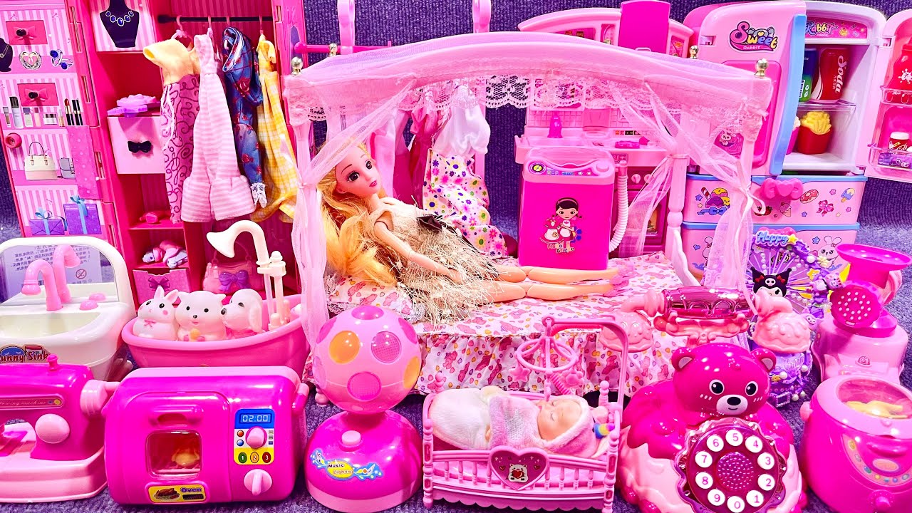 14 Minutes Satisfying with Unboxing Pink Barbie Princess Bedroom Dress Up Playset Review Toys｜ASMR