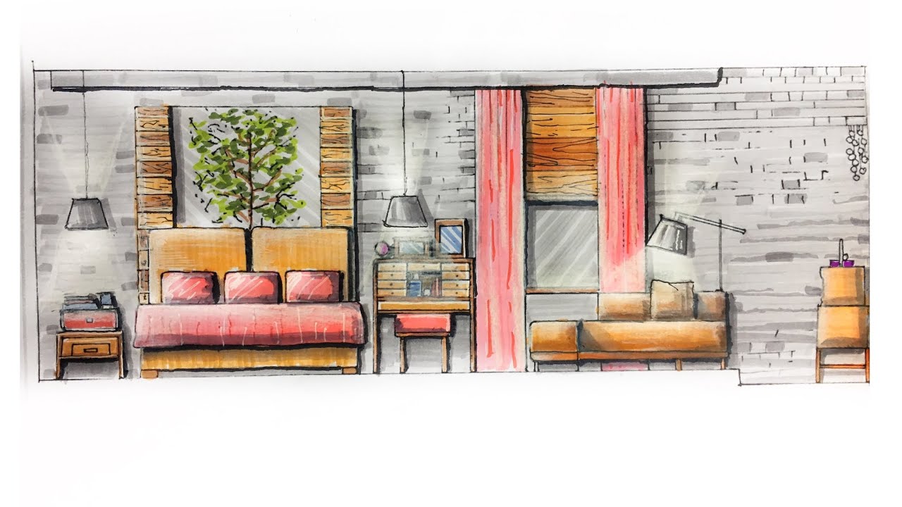 اظهار واجهة لتصميم داخلي بالماركر .. interior presentation: for elevation by markers