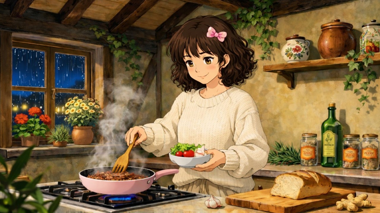 A cozy night at home alone in Ghibli style & Ghibli Alone | Cooking, mukbang Seafood and bathing pet