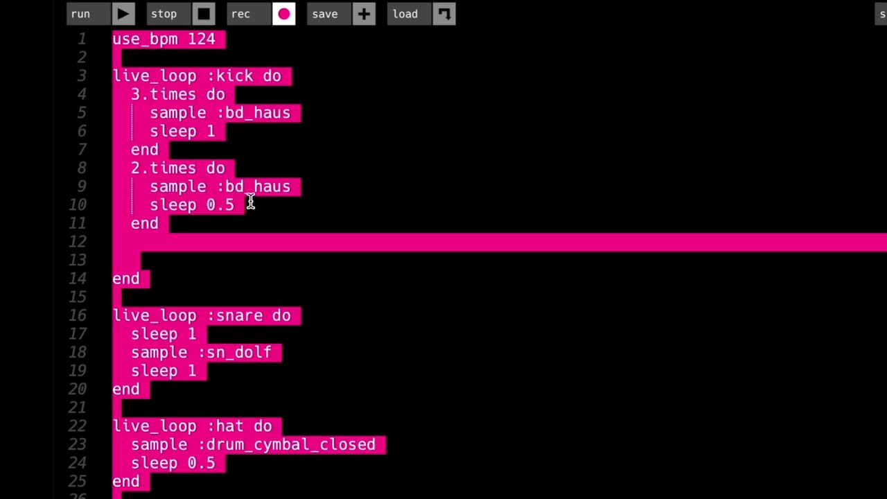 SONIC PI LIVE CODING [DRUMS TUTORIAL PART 1] - SEQUENCING DRUMS AND REPEATING STRUCTURES (2022)